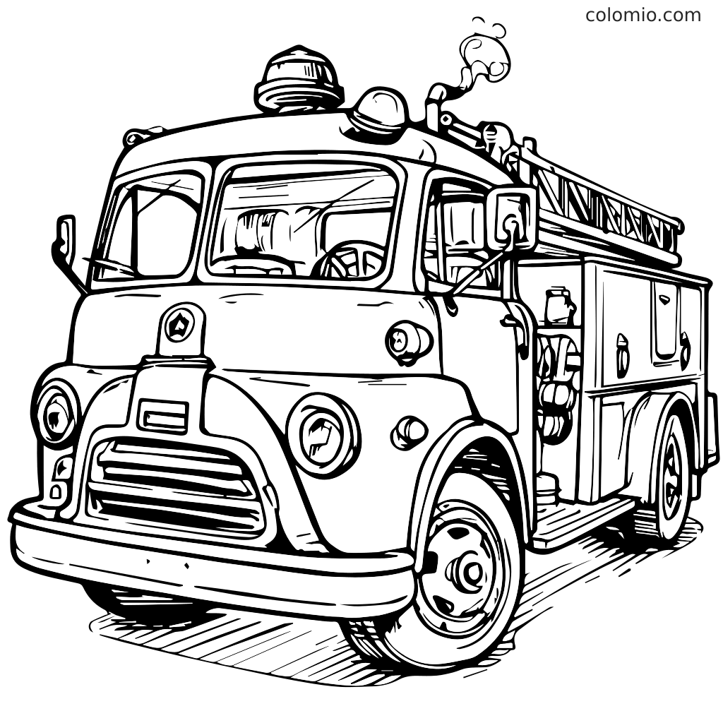 Un contorno in bianco e nero di un camion dei pompieri classico pronto per essere colorato.