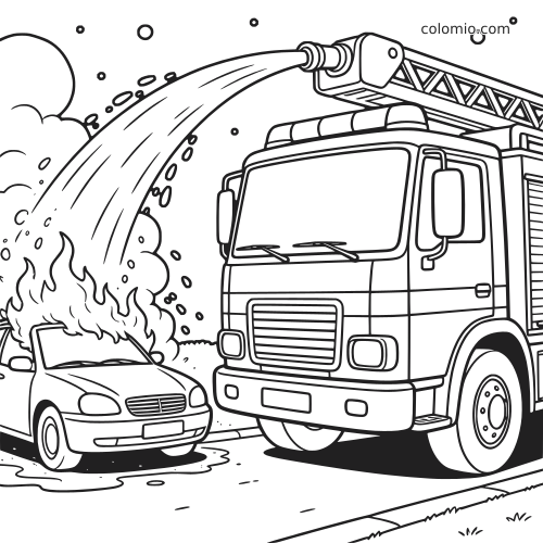 Desenho em linha de um caminhão de bombeiros de perto jogando água pela escada em um carro em chamas na rua à noite.