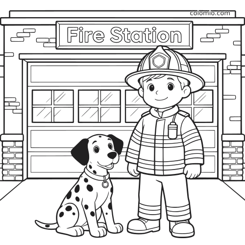 Um jovem bombeiro está ao lado de um cachorro dálmata em frente ao quartel dos bombeiros, em desenho de linhas simples.