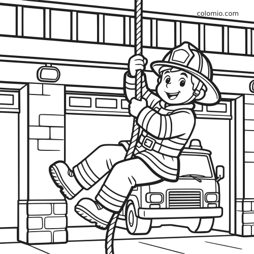 Um bombeiro em estilo cartoon desce pelo poste dentro do quartel, com um caminhão de bombeiros estacionado ao fundo.