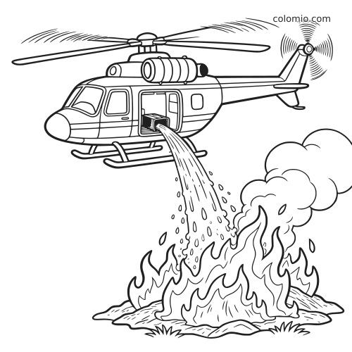 Um helicóptero de combate a incêndio voa sobre um incêndio florestal, despejando água sobre as chamas e a fumaça.