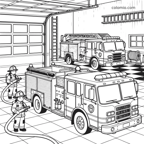 Interior de um quartel de bombeiros com dois caminhões de bombeiros estacionados e dois bombeiros segurando mangueiras.