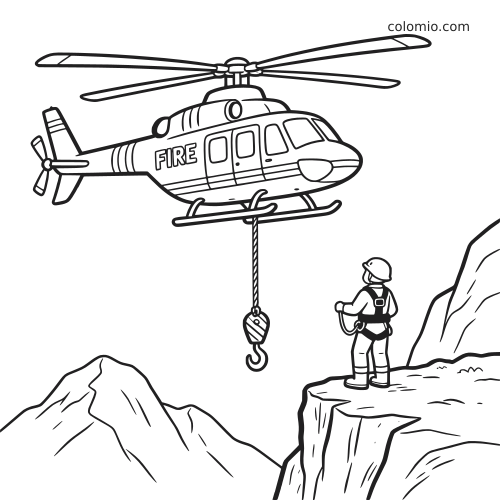 Um helicóptero de resgate paira perto de um penhasco na montanha, baixando um gancho em direção a um alpinista.