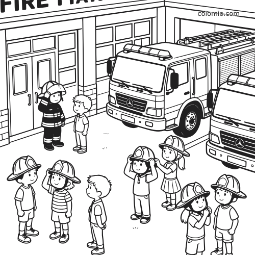 Cena em preto e branco de crianças em um quartel de bombeiros experimentando capacetes perto de caminhões de bombeiros estacionados.