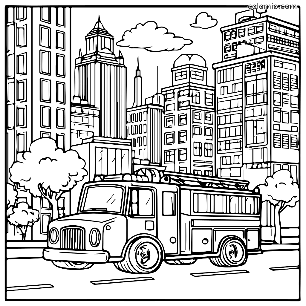 Une page à colorier détaillée représentant un camion de pompiers dans une rue de la ville avec de grands bâtiments et des arbres.