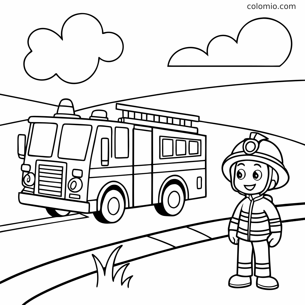 Un camion de pompiers est garé sur une route à côté d’un pompier portant un casque et une veste, avec des nuages et des collines en arrière-plan.
