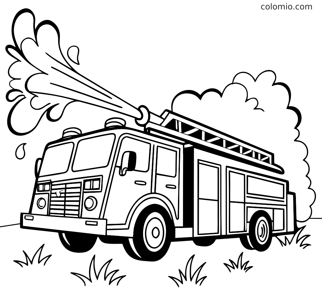 Une page de coloriage de camion de pompiers montrant un grand camion avec une échelle sur le dessus et de l’eau qui jaillit du tuyau.
