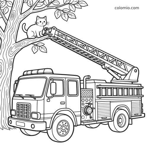 Um caminhão de bombeiros com a escada estendida alcança um gato sentado em um galho de árvore em desenho preto e branco.