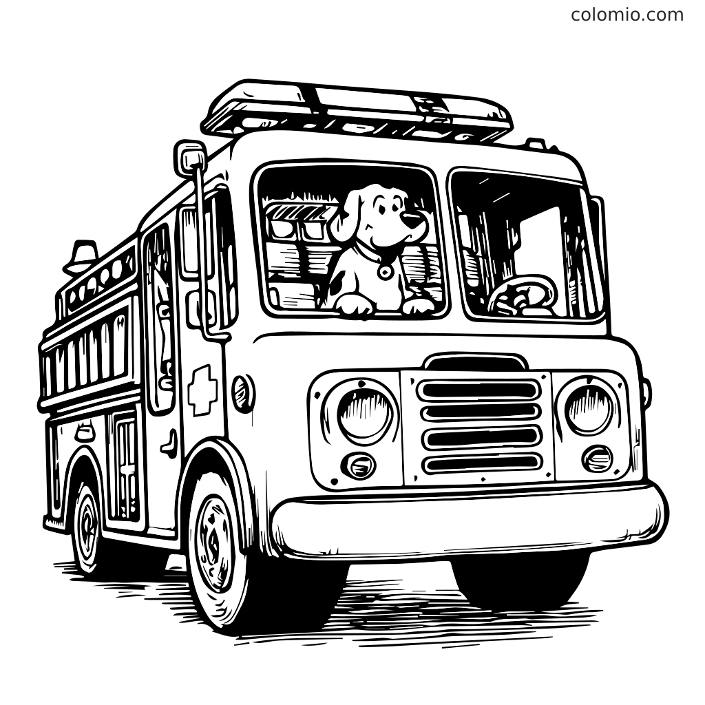 Une page à colorier en noir et blanc représentant un camion de pompiers avec un chien au volant.