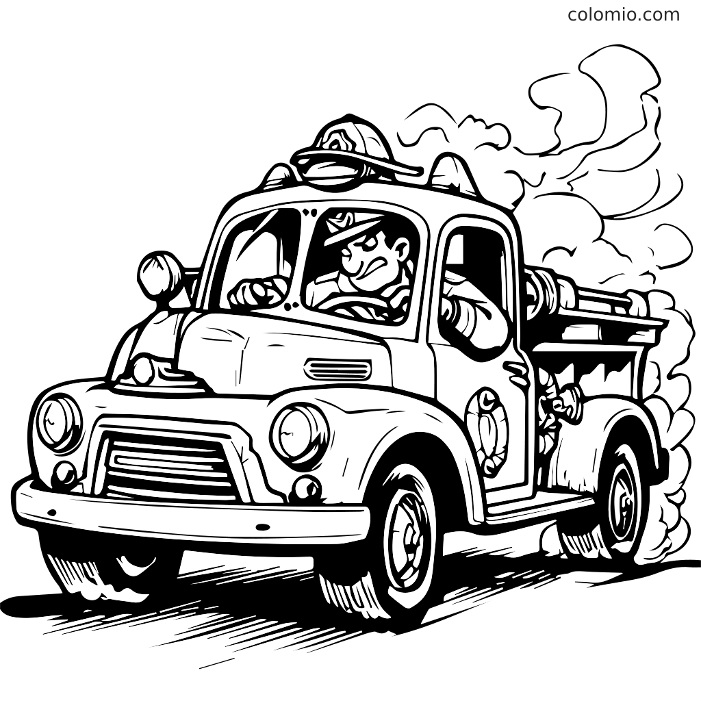 Un camion de pompier avec un pompier au volant, entouré de fumée, prêt à l'action.