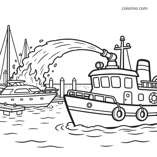 Ilustração em preto e branco de um barco de bombeiros jogando água em um iate em chamas na marina, com píeres e mastros ao fundo.