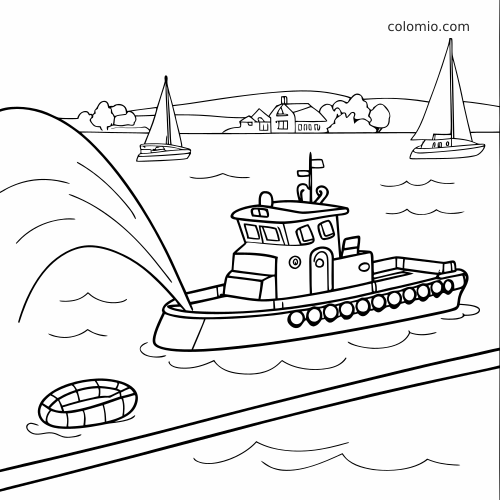Um barco de bombeiros lança um grande jato de água no porto, com veleiros, casas na margem e uma boia em desenho de contorno.
