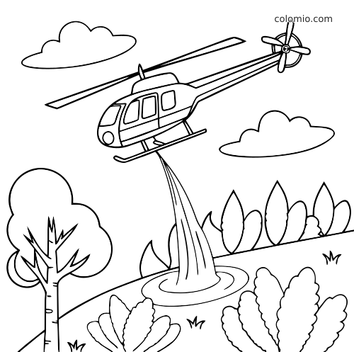 Um helicóptero despeja água sobre um incêndio na mata, com nuvens, árvores e arbustos em traços simples.