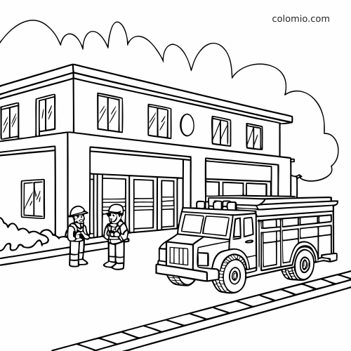 Cena simples de um quartel dos bombeiros com um caminhão de bombeiros em frente às garagens e dois bombeiros de serviço.