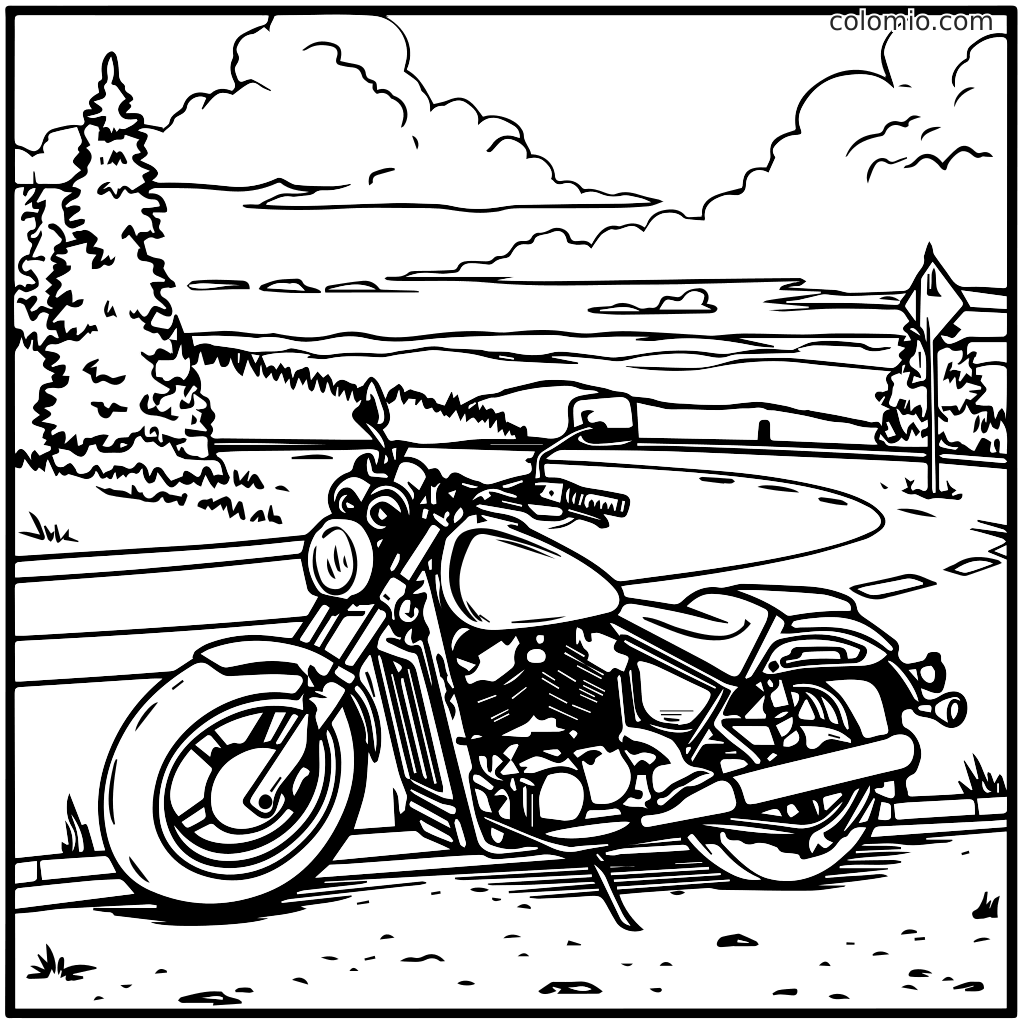 En detaljeret farvelægningsside med en motorcykel parkeret ved en naturskøn vej med træer og bjerge i baggrunden.