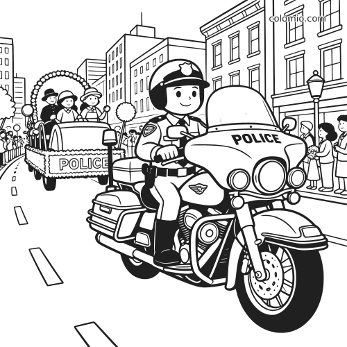 Un policier en dessin animé roule à moto en tête d’une parade en ville, avec un char décoré et une foule derrière.
