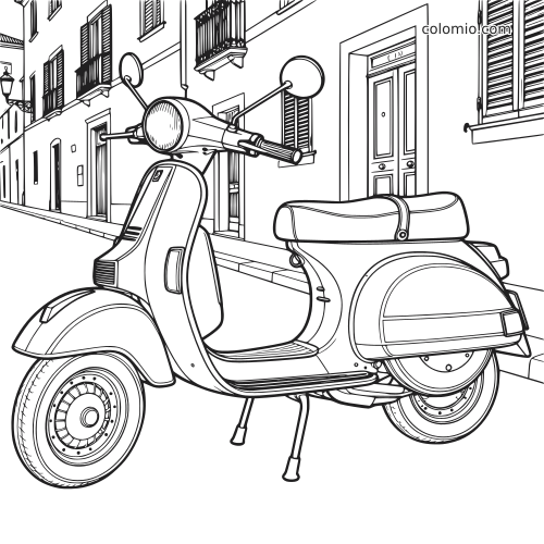 Un scooter vintage vu de près, garé dans une rue italienne avec volets, balcons et façades en dessin au trait.