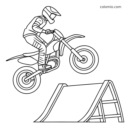 Dessin au trait en noir et blanc d’un pilote de moto-cross casqué qui saute au-dessus d’une rampe avec sa moto.