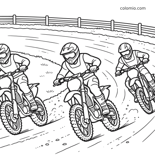 Trois pilotes de motocross roulent très près les uns des autres sur une piste en terre courbe, dans un dessin en noir et blanc.