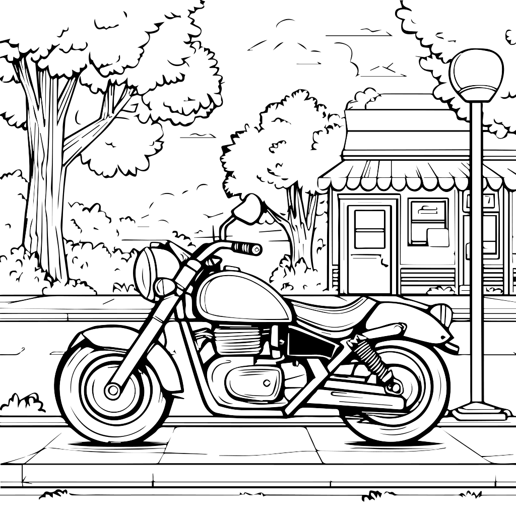 A black and white outline of a classic motorcycle parked in a park with trees and a building in the background.