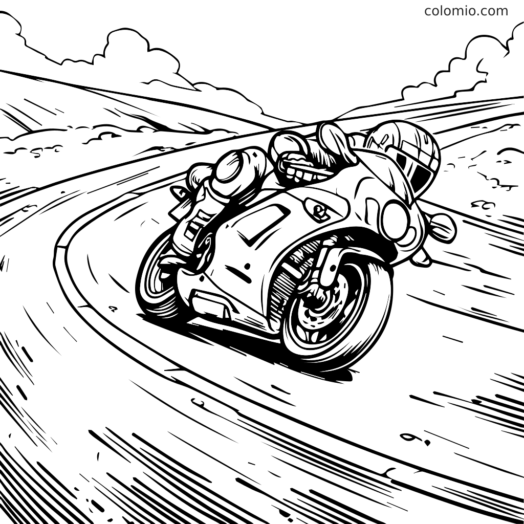 Una pagina da colorare dettagliata con una moto che si inclina in una curva su una strada panoramica.