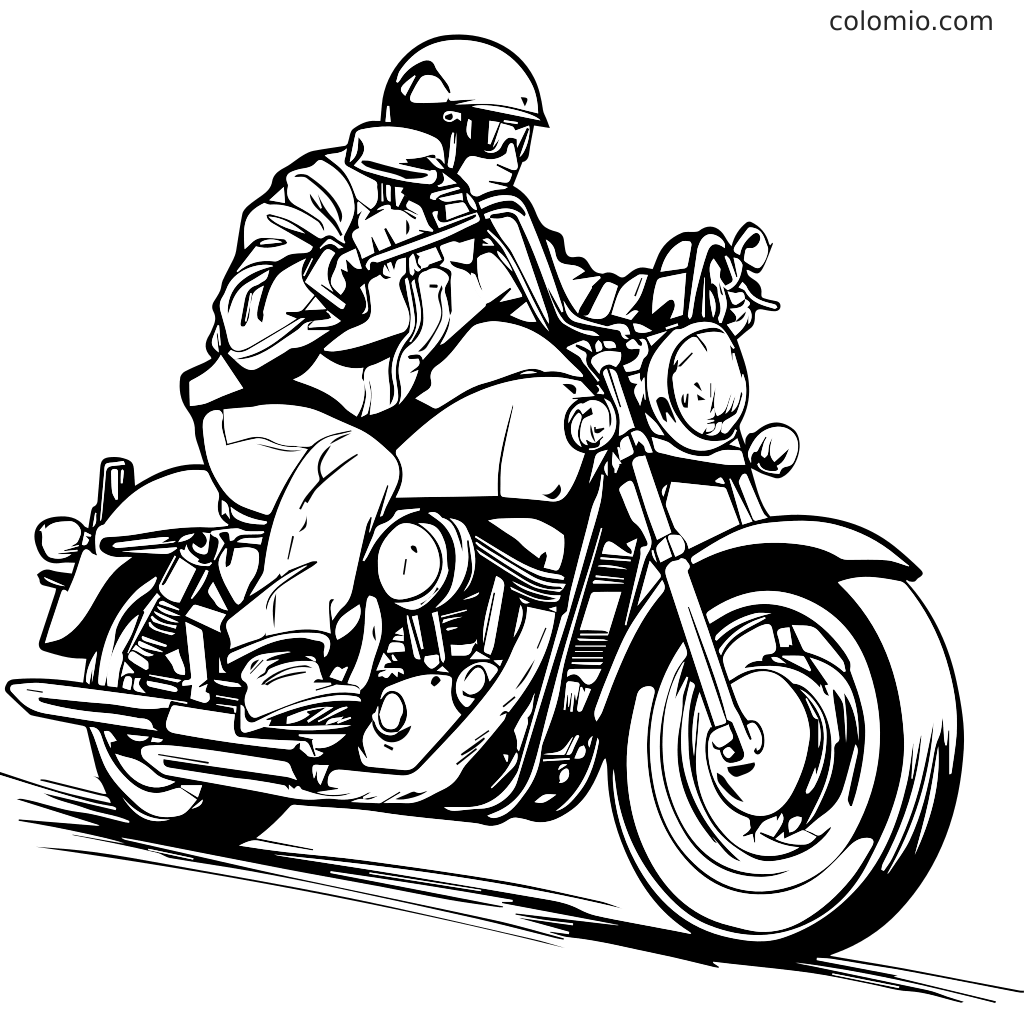 A black and white outline of a motorcycle with a rider wearing a helmet, ready for coloring.