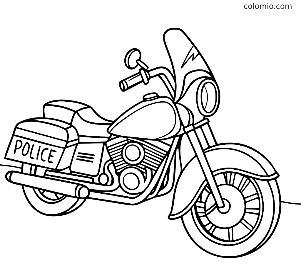 Black and white coloring page showing a police motorcycle with a windshield, headlight, saddlebags, and large wheels.
