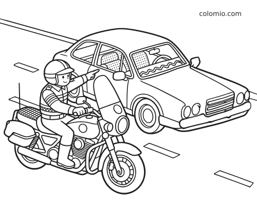 Page de coloriage en noir et blanc montrant un policier à moto qui fait arrêter une voiture sur la route.