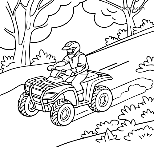 Un pilote portant un casque conduit un quad sur un sentier en forêt, dans un dessin au trait noir et blanc.