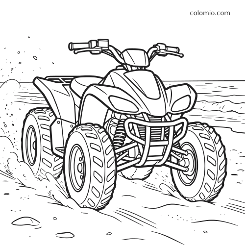 Un quad roule vite sur une plage de sable, en dessin au trait, avec la mer et des vagues à l’arrière-plan.