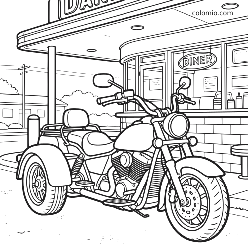 Une moto trike à trois roues est garée devant un diner de bord de route, dans une scène en noir et blanc au trait net.