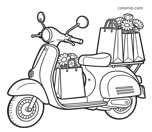 Un scooter vintage en noir et blanc transporte des sacs de courses remplis de fleurs, en dessin au trait simple.