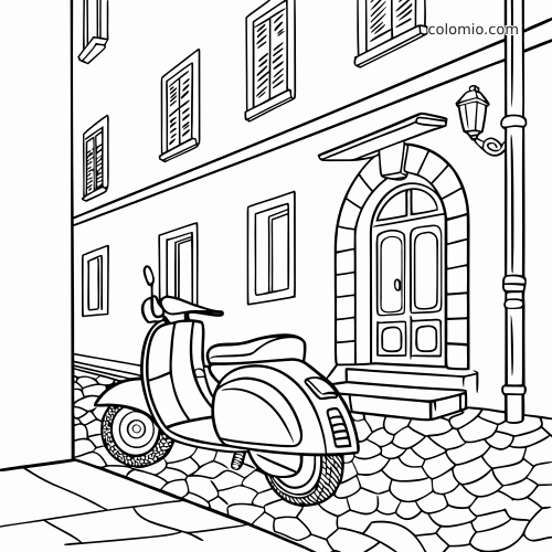Un scooter vintage garé dans une rue pavée, devant une porte d’immeuble avec fenêtres à volets et un lampadaire.
