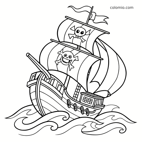 A pirate ship coloring page showing a large sailing ship with skull flags, tall masts, and waves beneath the hull.