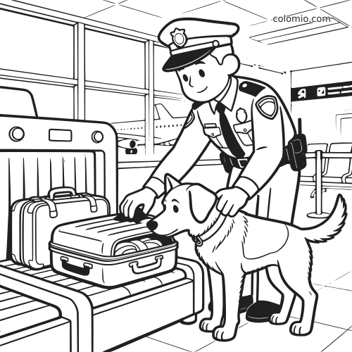 Un poliziotto in stile cartone animato con un cane K9 controlla una valigia aperta sul nastro bagagli in aeroporto.
