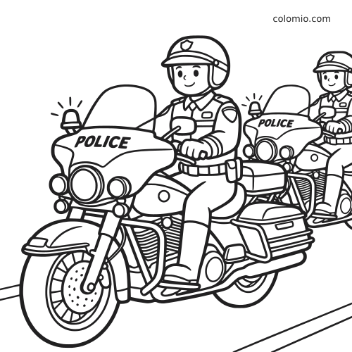 Un agente di polizia in stile cartone animato guida una grande moto della polizia con sirene accese, seguito da un'altra moto.