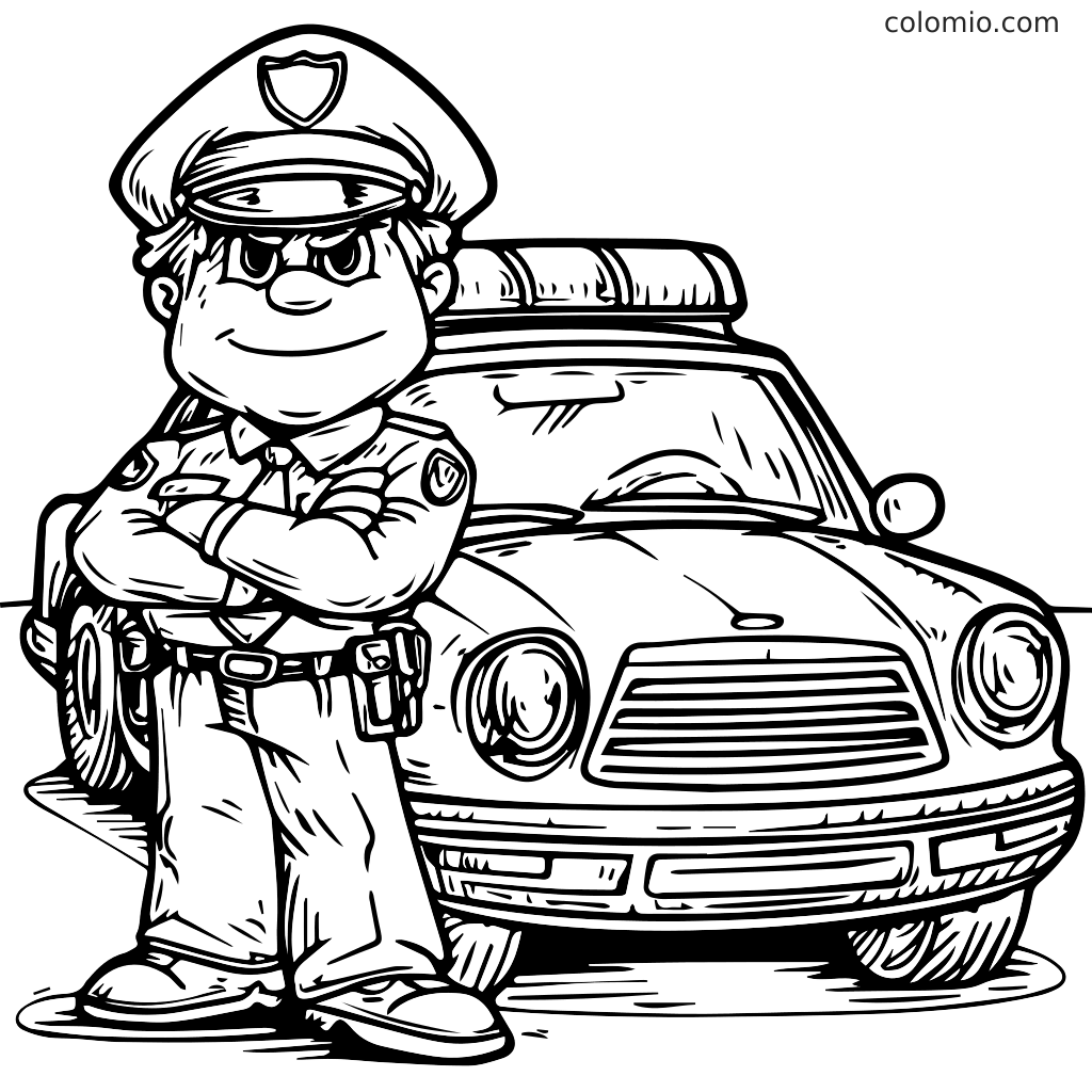 Sarjakuvapoliisi seisoo itsevarmana kädet ristissä poliisiauton edessä, valmis väritettäväksi.