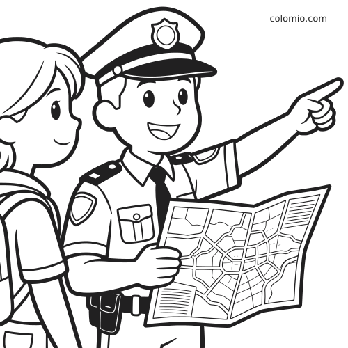 Primo piano di un poliziotto sorridente che indica la strada e tiene una mappa della città accanto a un turista con zaino.