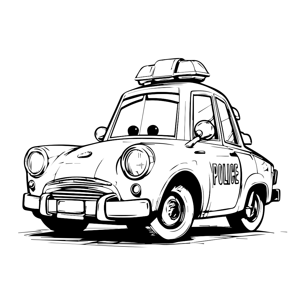 A cartoon-style police car coloring page featuring a friendly design with large eyes and a police sign.