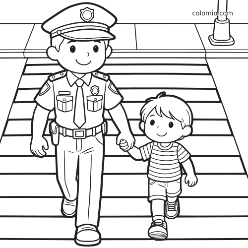 Un poliziotto sorridente tiene per mano un bambino mentre attraversano insieme sulle strisce pedonali, visti di fronte.