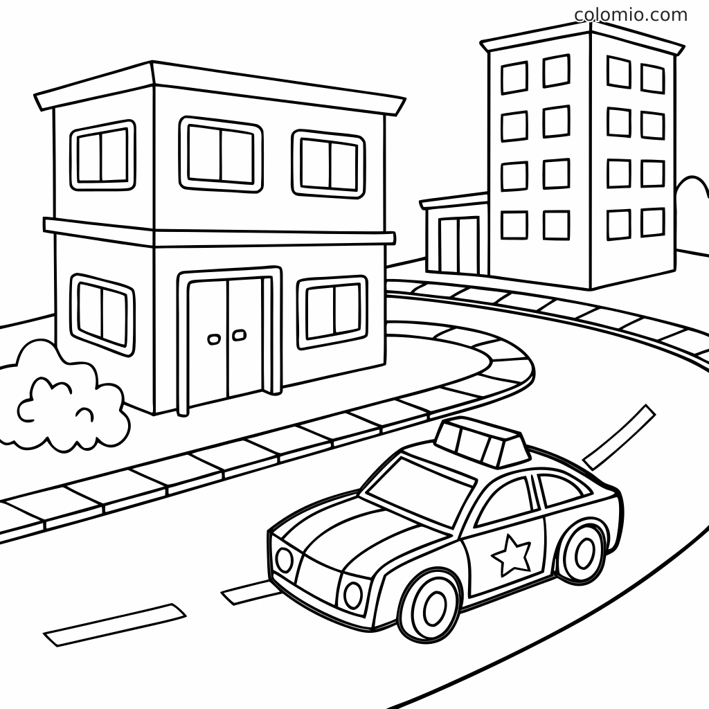 En politibil kjører langs en buet bygate med bygninger, fortau og vinduer i en enkel strektegning.