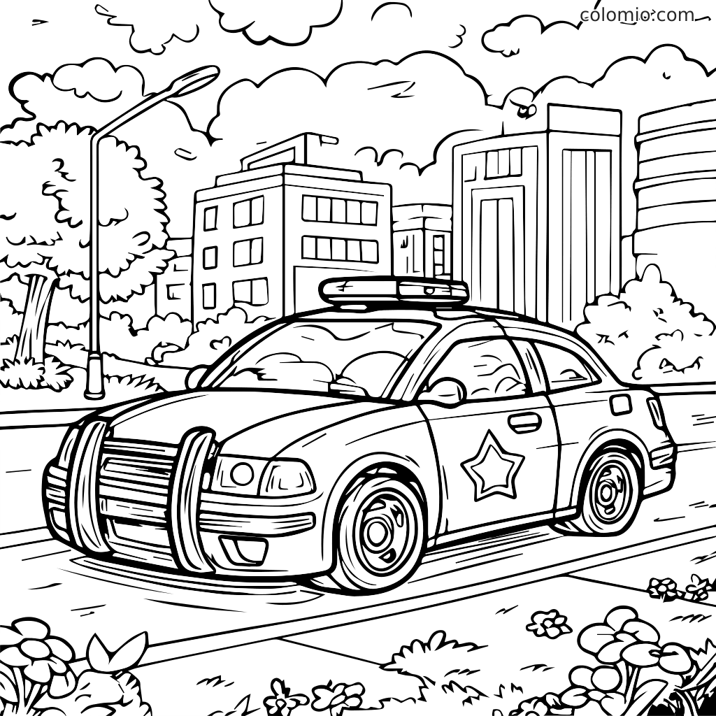 Um desenho de um carro de polícia dirigindo por uma rua com edifícios e árvores ao fundo.