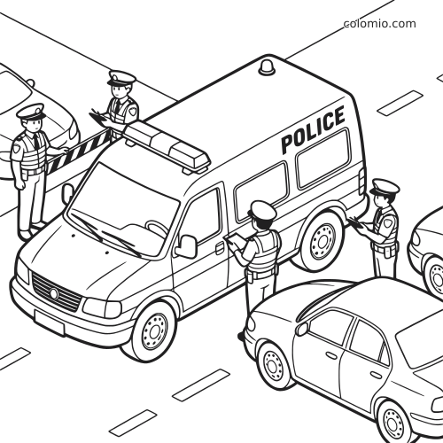 Scena in bianco e nero di un posto di blocco della polizia con un furgone della polizia, quattro agenti e auto sulla strada.