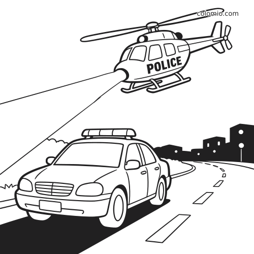 Semplice disegno al tratto di un elicottero della polizia con faro puntato su un'auto della polizia su una strada cittadina di notte.