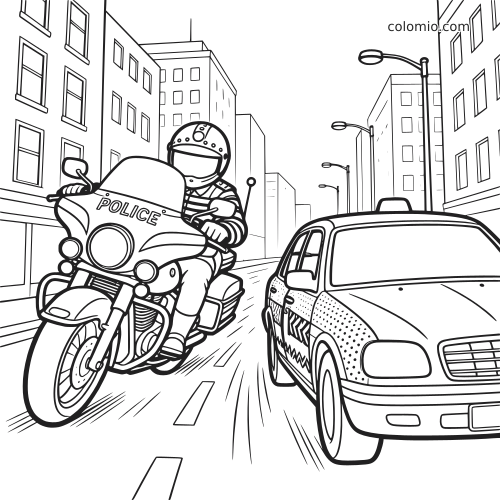 Un agente di polizia su una moto insegue un'auto lungo una strada cittadina in un disegno in bianco e nero.