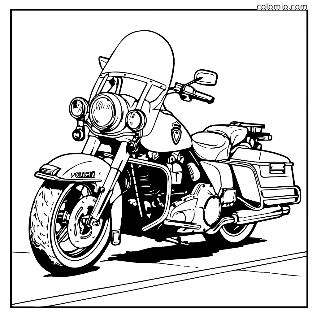 Un contorno dettagliato di una moto della polizia pronto per essere colorato.