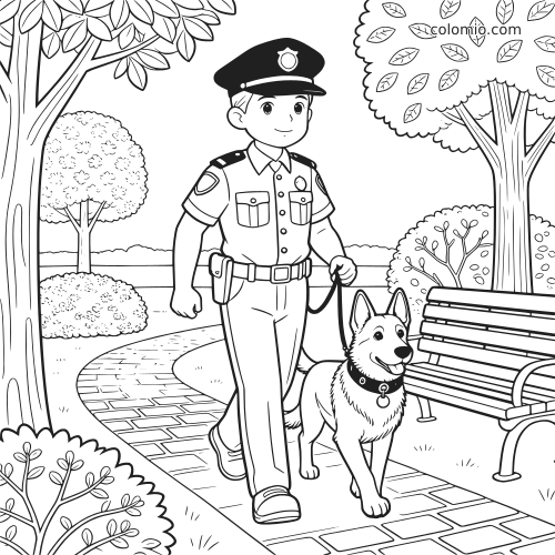 Un poliziotto cammina con un cane K9 lungo un sentiero nel parco, accanto a una panchina e agli alberi.