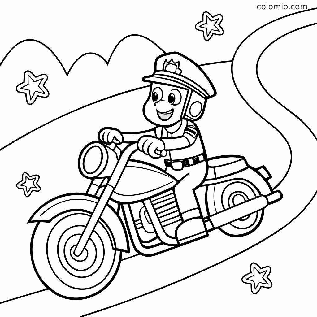 En politibetjent med lue kjører motorsykkel på en svingete vei, med stjerner og åser i bakgrunnen.