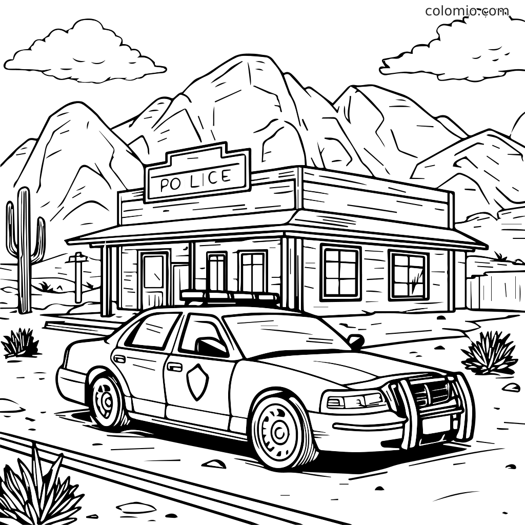 En svart-hvitt fargeleggingsside med en politistasjon og en politibil i et ørkenlandskap med fjell.