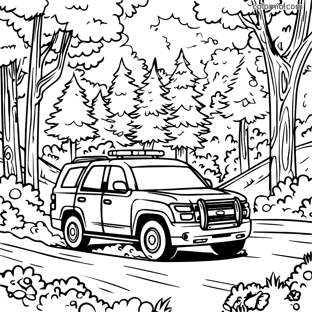 Een zwart-wit kleurplaat met een politie-SUV die door een bos met bomen en struiken rijdt.
